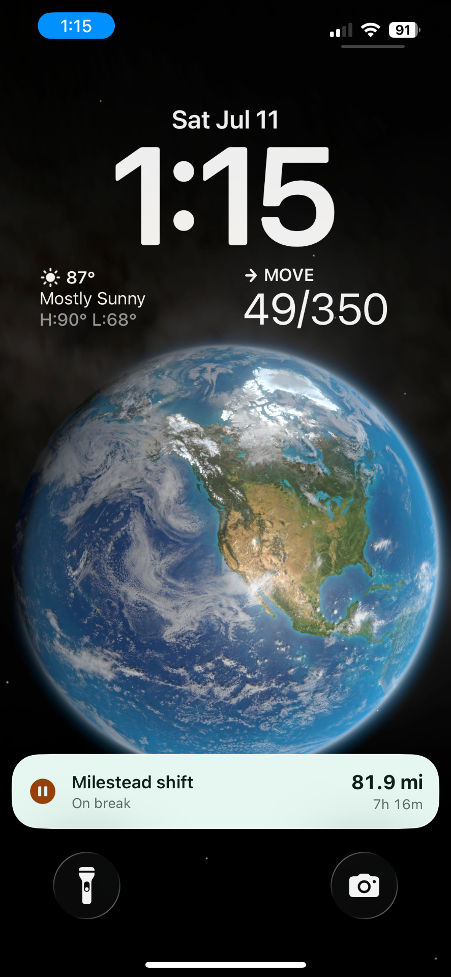 iPhone Lock Screen with Milestead live shift showing 81.9 miles and 7h 16m