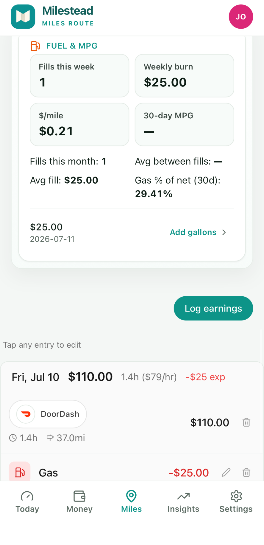 Milestead Miles: Fuel and MPG card