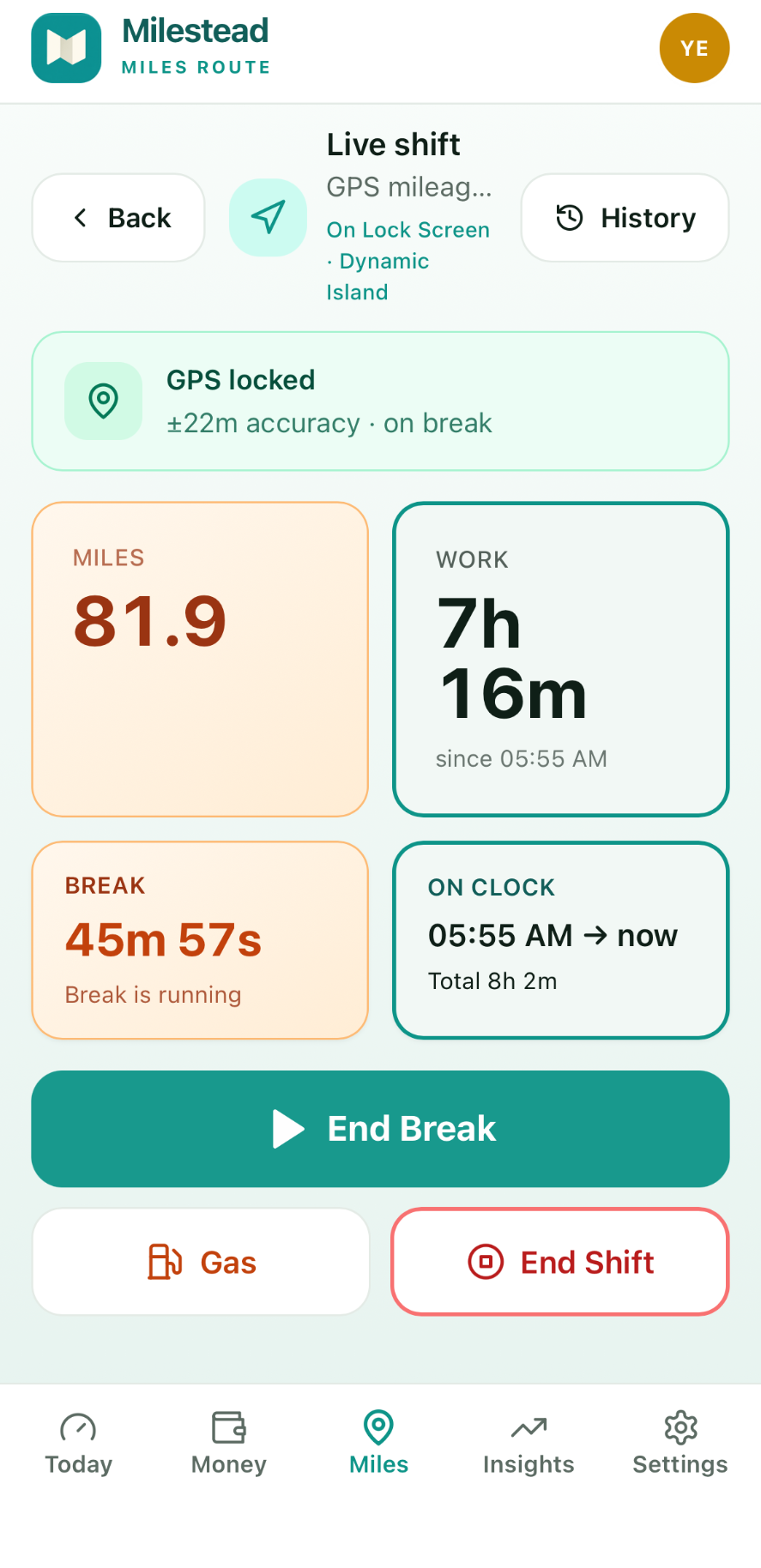 Milestead Live Shift screen with GPS locked, miles, work hours, and break timer