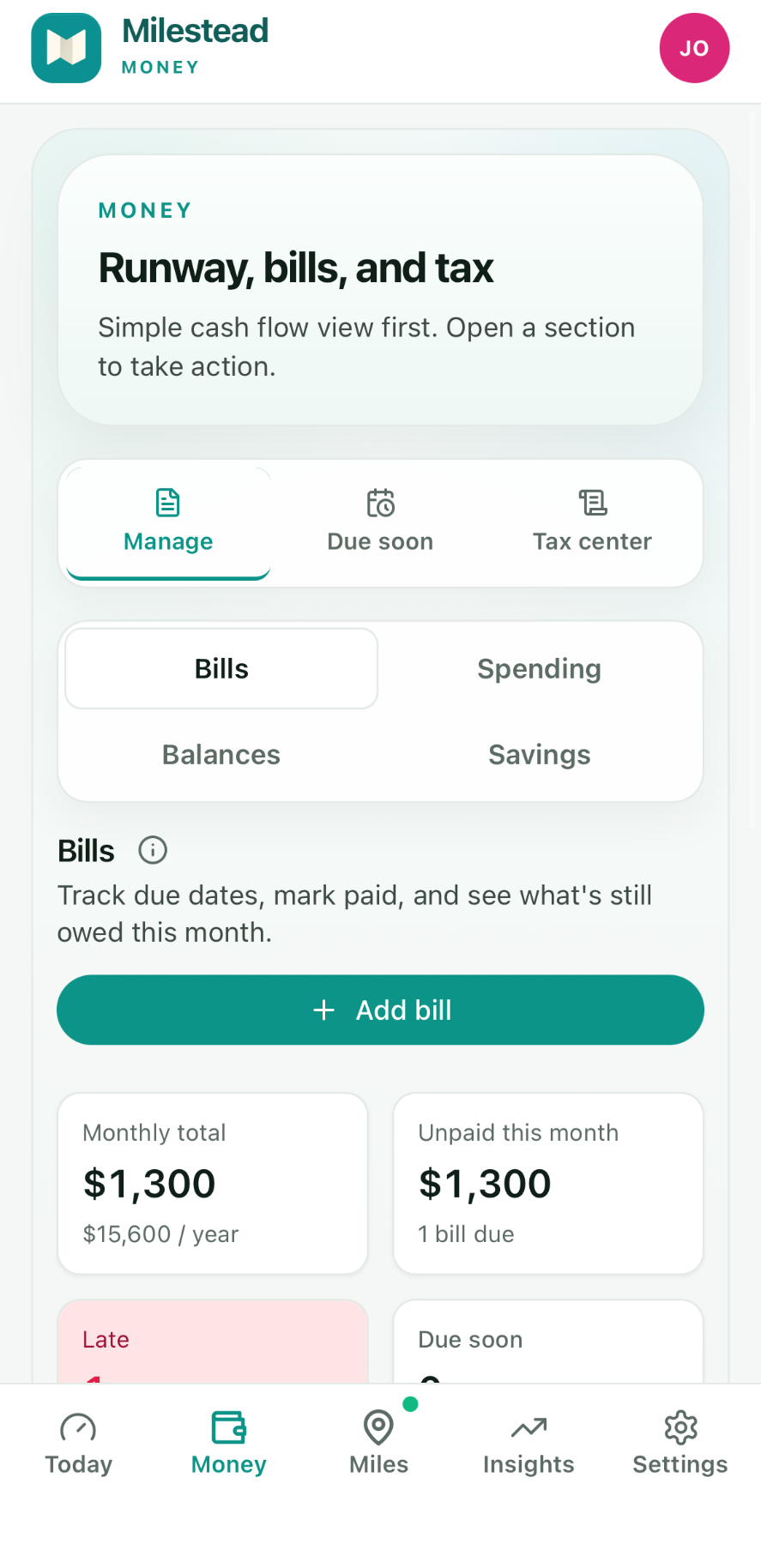 Milestead Money: Runway, bills, and tax overview